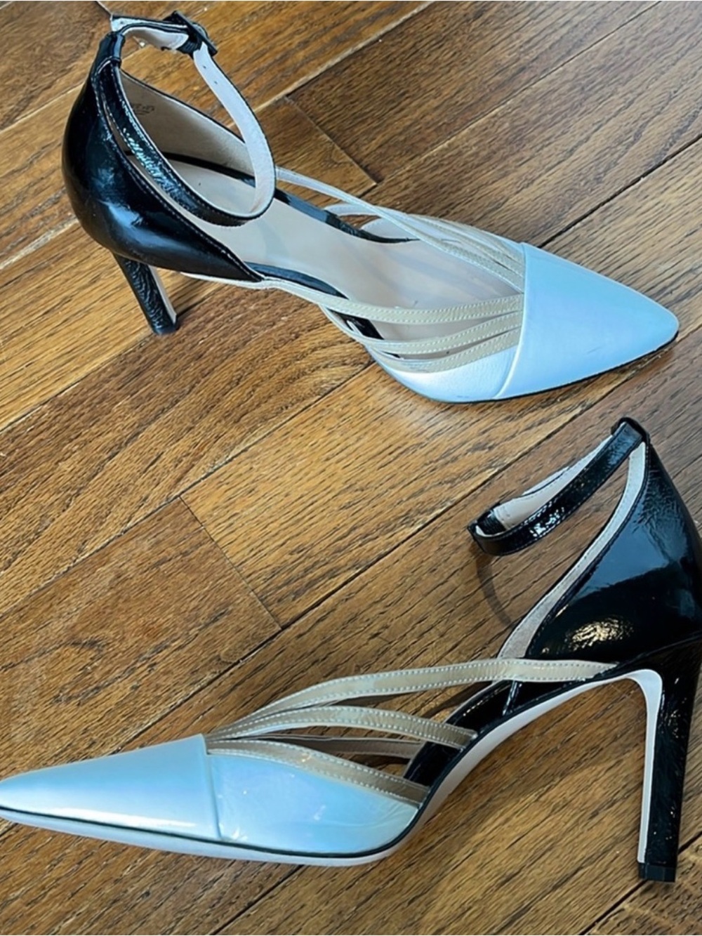 27 EDIT Two-Tone Pointed Toe Ankle Strap Pumps - White, Black & Beige